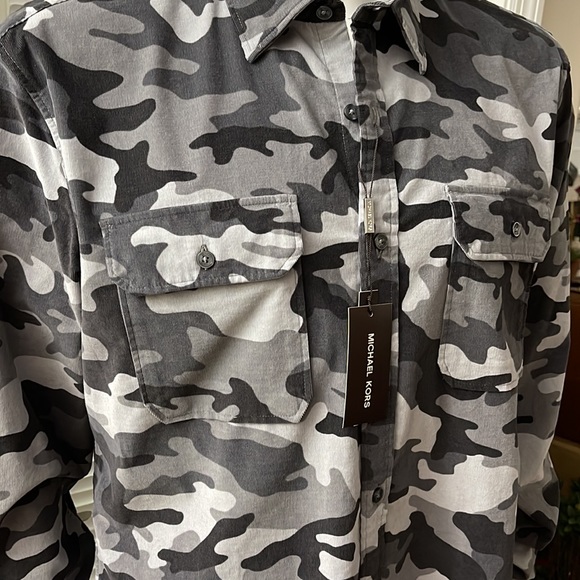 MIchael Kors Camo Print Long Sleeve Button Down Cotton Micro Corduroy Shirt - Picture 2 of 7
